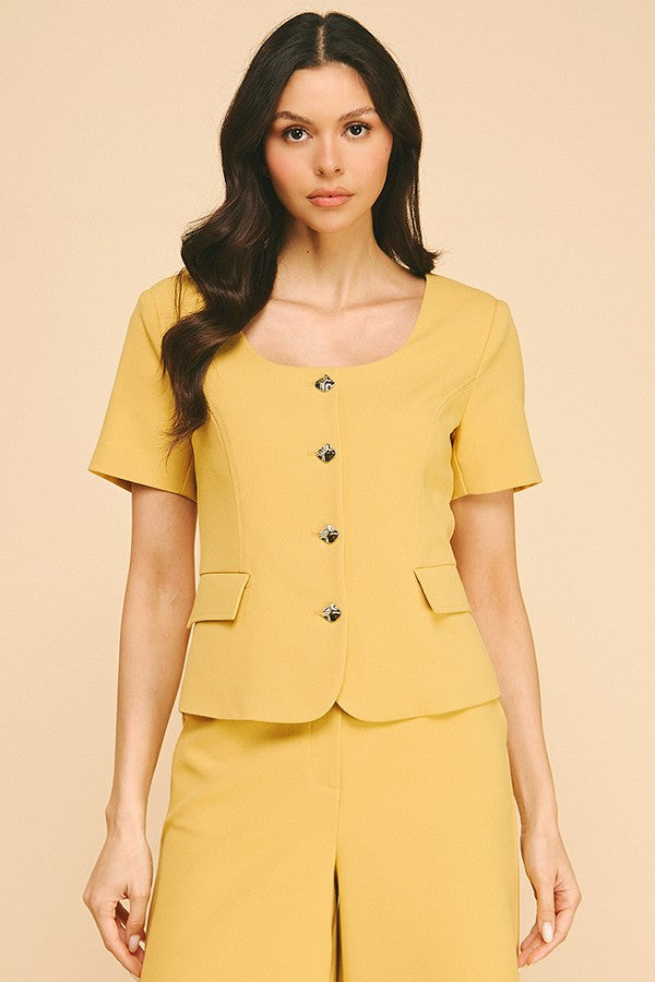 Twill Boat Neck Short Sleeve Blazer Top