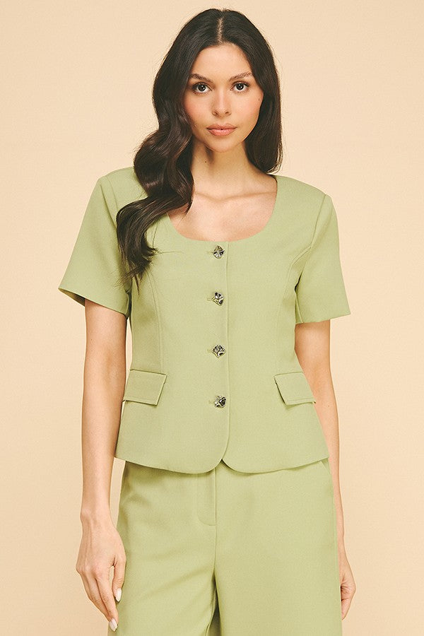 Twill Boat Neck Short Sleeve Blazer Top