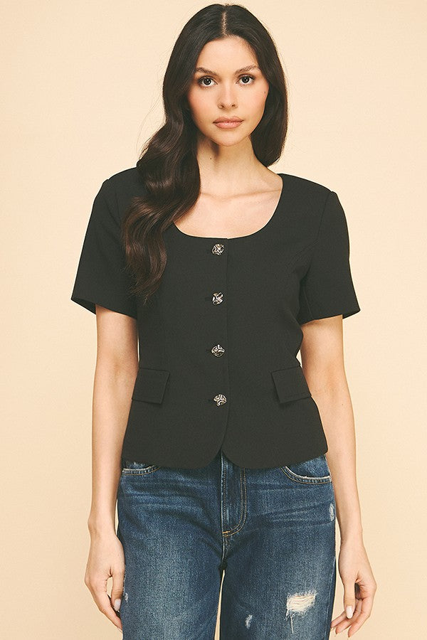 Twill Boat Neck Short Sleeve Blazer Top