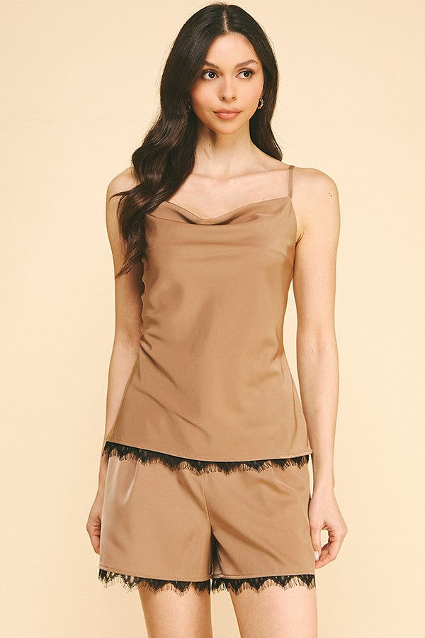 Satin Cowl Neck Black Laced Cami Top