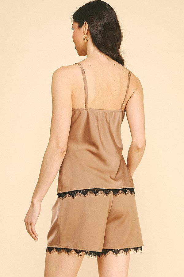 Satin Cowl Neck Black Laced Cami Top