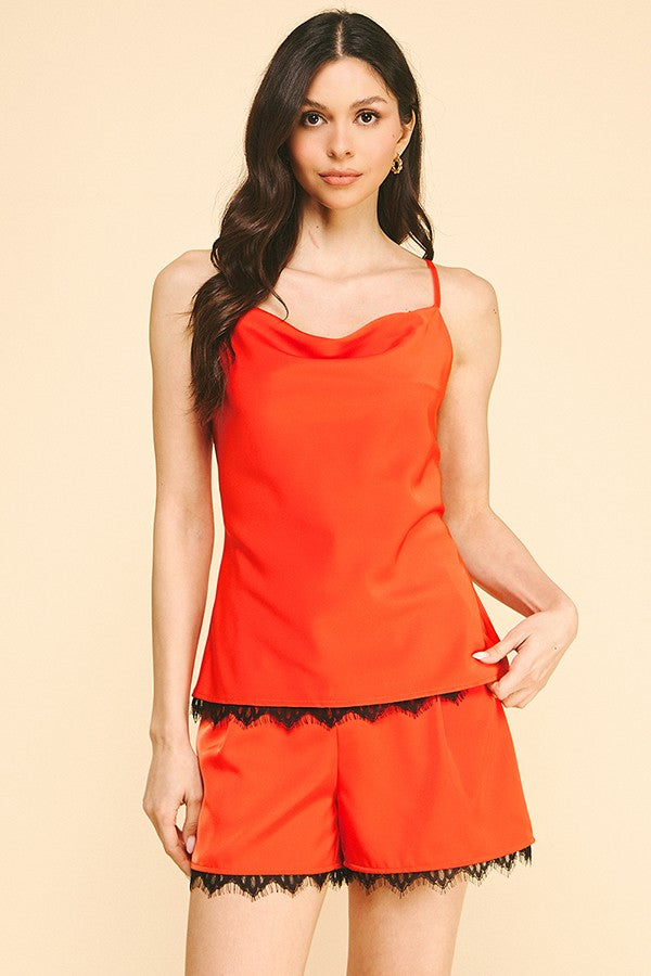 Satin Cowl Neck Black Laced Cami Top