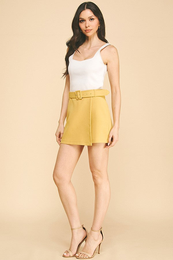 Twill Square Buckle Belted Wrap Skort