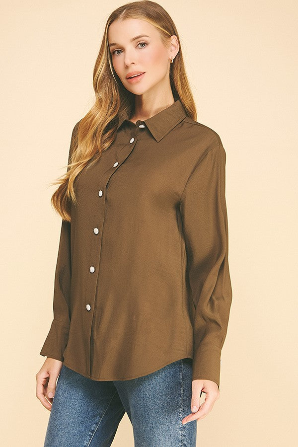 Lawn Oversized Faux Pearl Button Dress Shirt