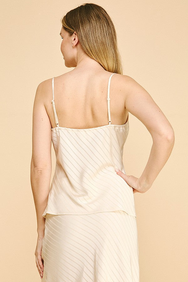 Satin Lace Striped Cowl Neck Cami Top