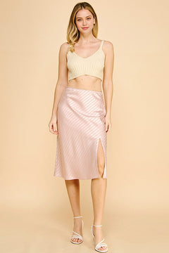 Satin Lace Striped Front Slit Midi Skirt