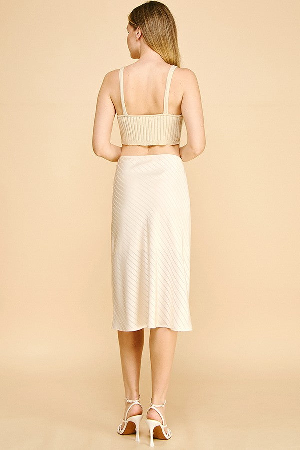 Satin Lace Striped Front Slit Midi Skirt
