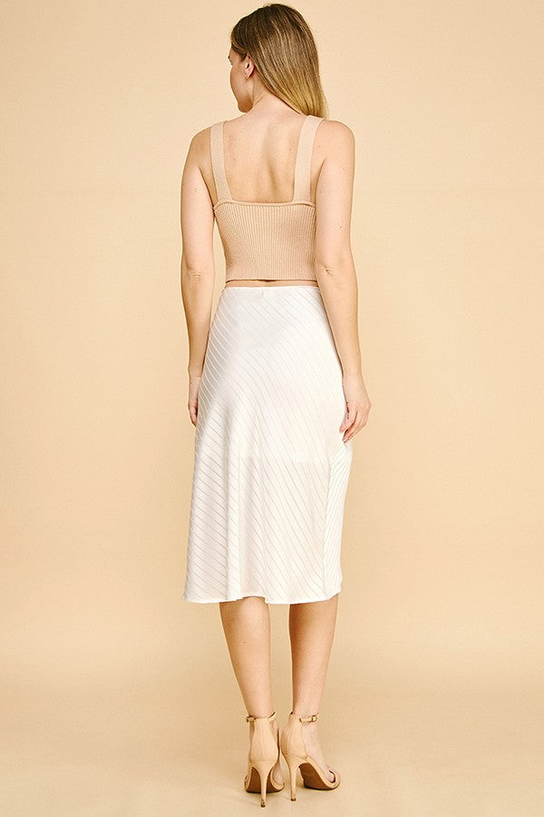 Satin Lace Striped Front Slit Midi Skirt