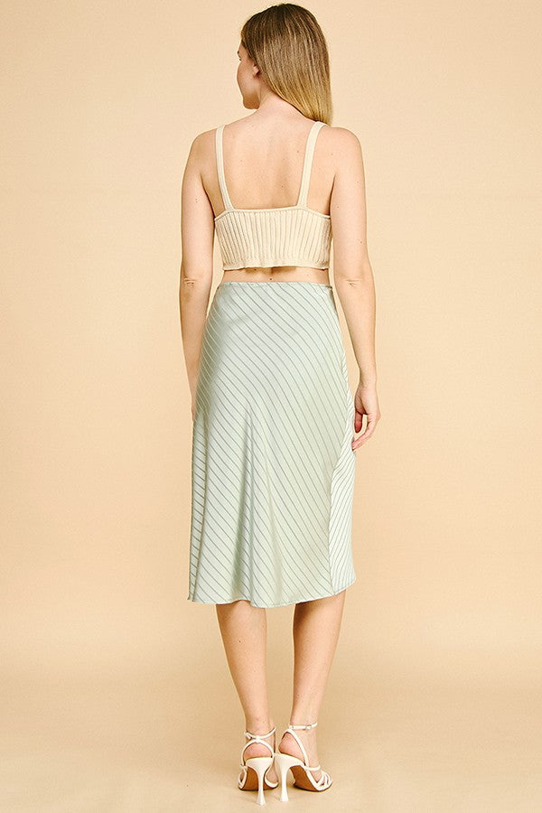 Satin Lace Striped Front Slit Midi Skirt