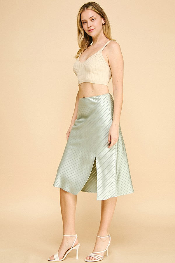 Satin Lace Striped Front Slit Midi Skirt