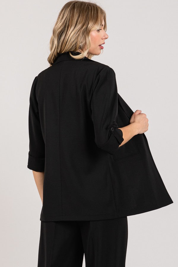 Twill Tab Buttoned Rolled Sleeve Open Front Blazer