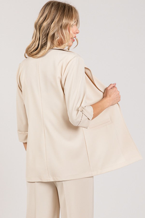 Twill Tab Buttoned Rolled Sleeve Open Front Blazer