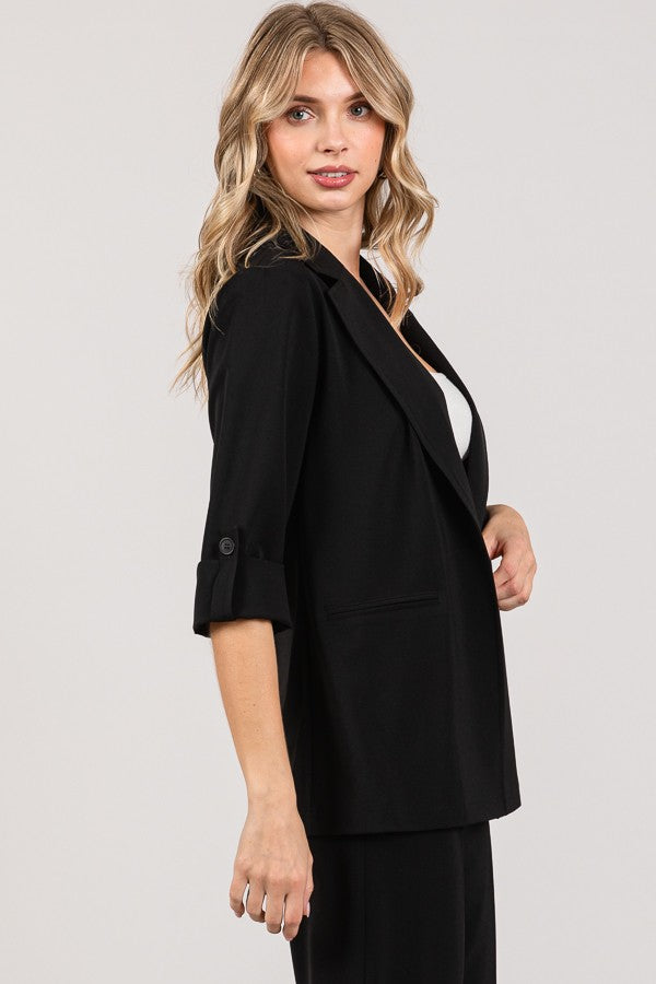 Twill Tab Buttoned Rolled Sleeve Open Front Blazer