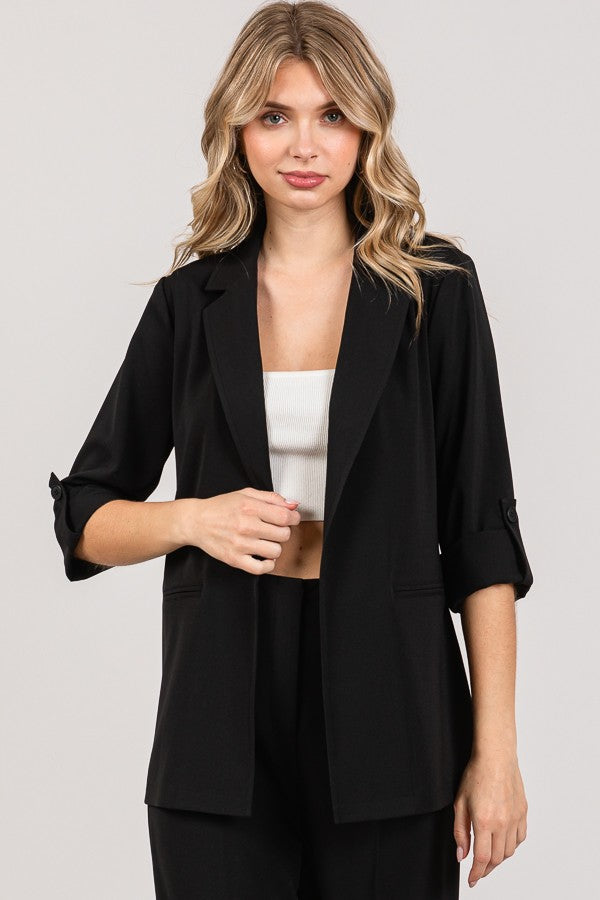 Twill Tab Buttoned Rolled Sleeve Open Front Blazer