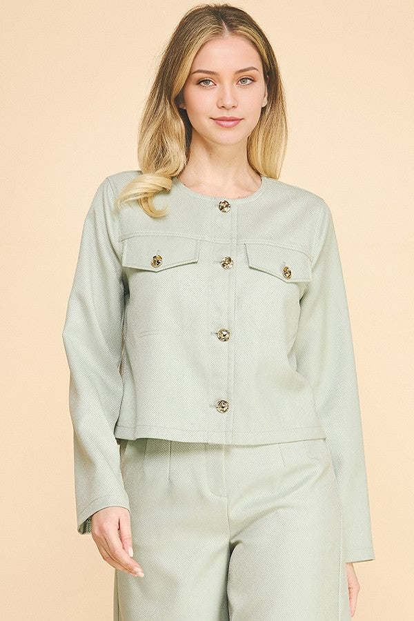 Textured Twill Flap Pocketed Collarless Blazer