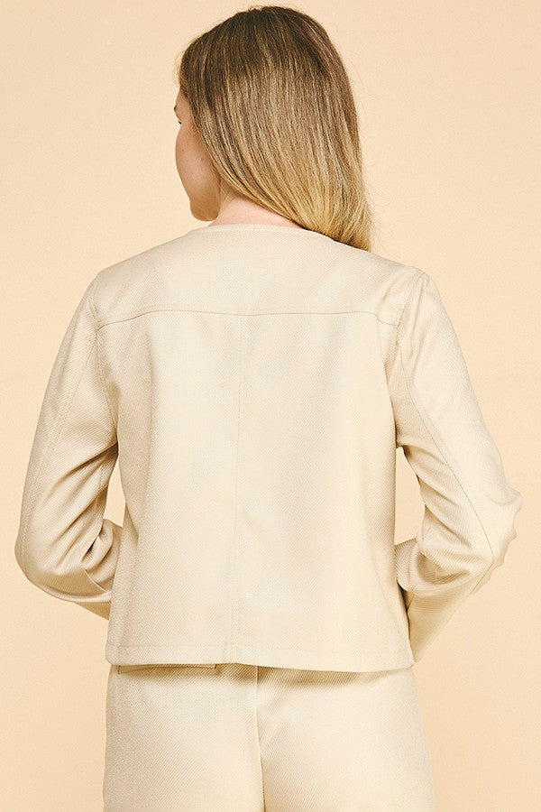 Textured Twill Flap Pocketed Collarless Blazer