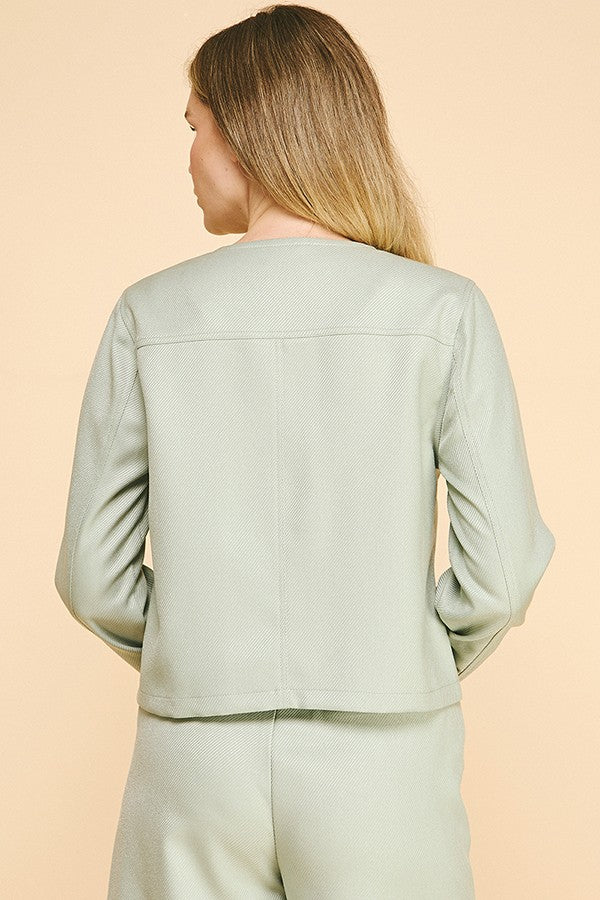 Textured Twill Flap Pocketed Collarless Blazer