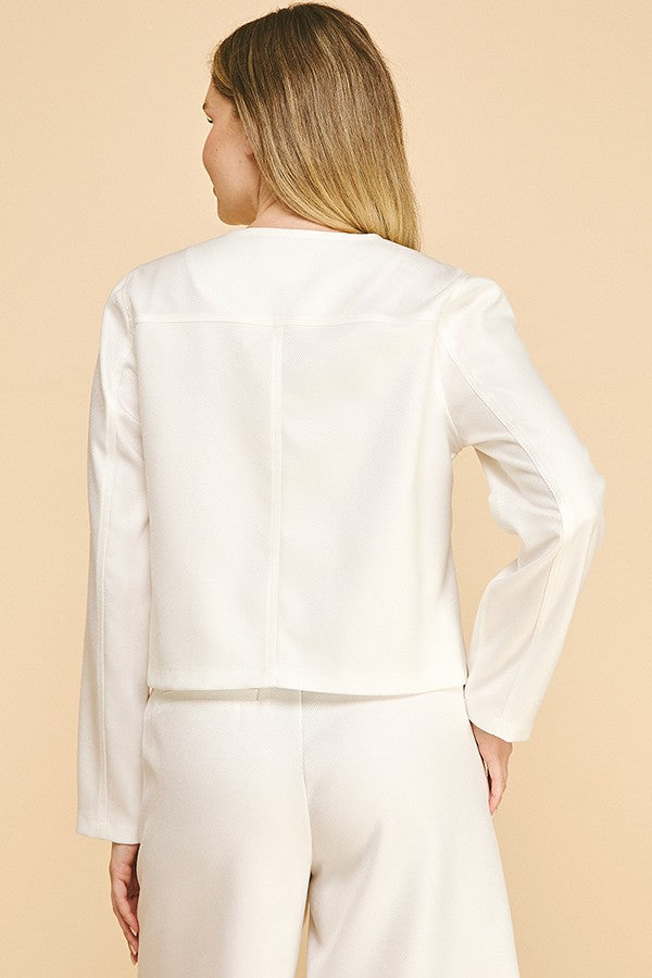 Textured Twill Flap Pocketed Collarless Blazer