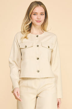 Textured Twill Flap Pocketed Collarless Blazer