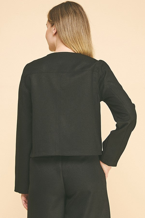 Textured Twill Flap Pocketed Collarless Blazer