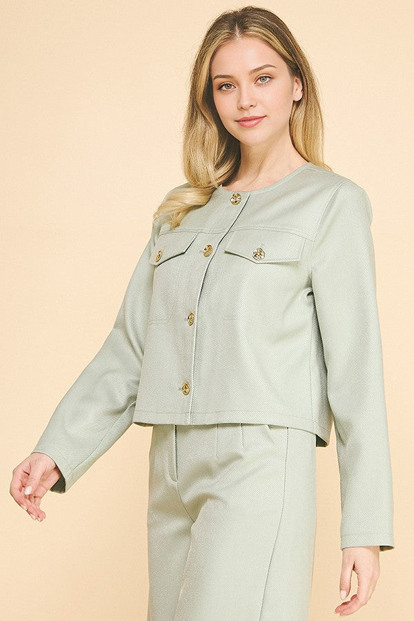 Textured Twill Flap Pocketed Collarless Blazer