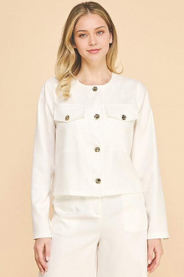 Textured Twill Flap Pocketed Collarless Blazer