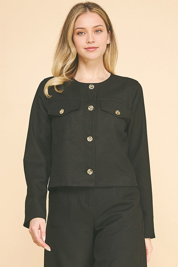 Textured Twill Flap Pocketed Collarless Blazer