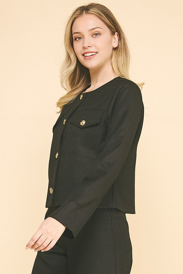 Textured Twill Flap Pocketed Collarless Blazer