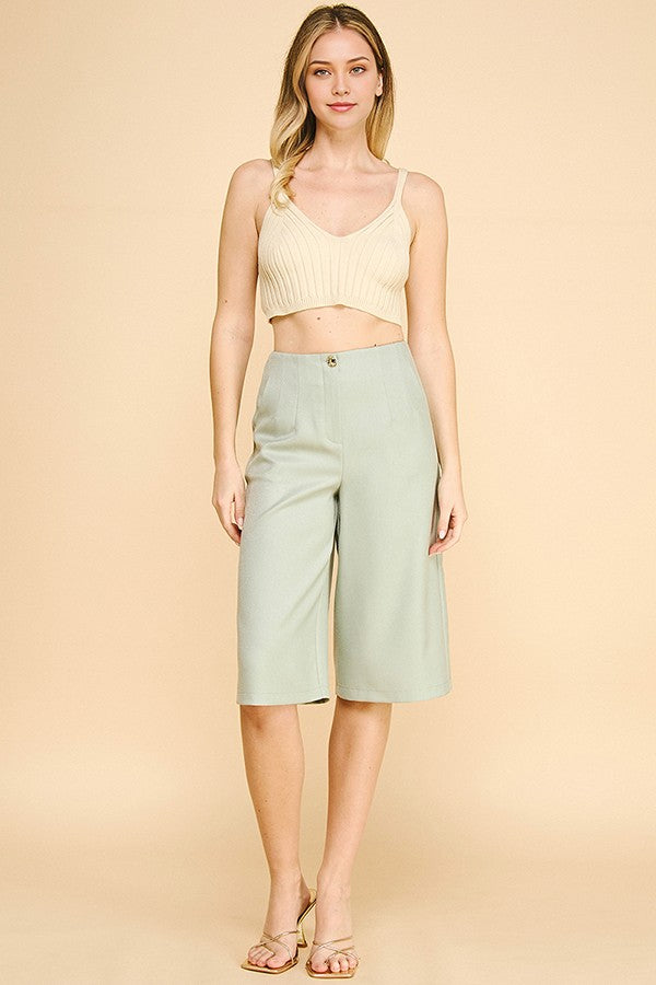 Textured Twill Darted Long Bermuda Shorts