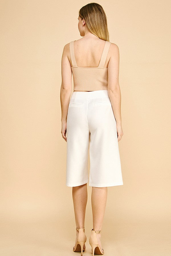 Textured Twill Darted Long Bermuda Shorts
