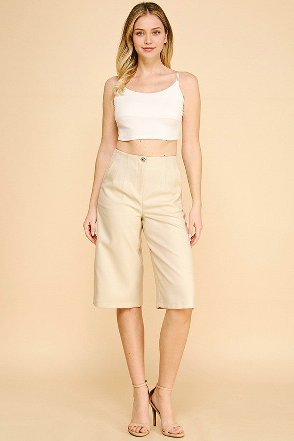 Textured Twill Darted Long Bermuda Shorts