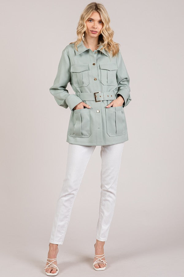 Textured Twill Belted Quad Pocket Shacket