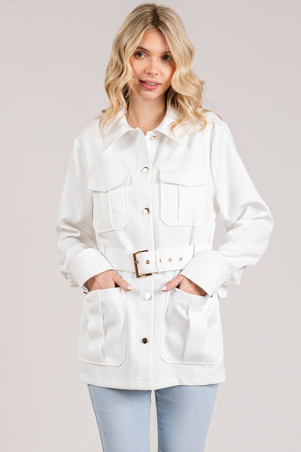 Textured Twill Belted Quad Pocket Shacket