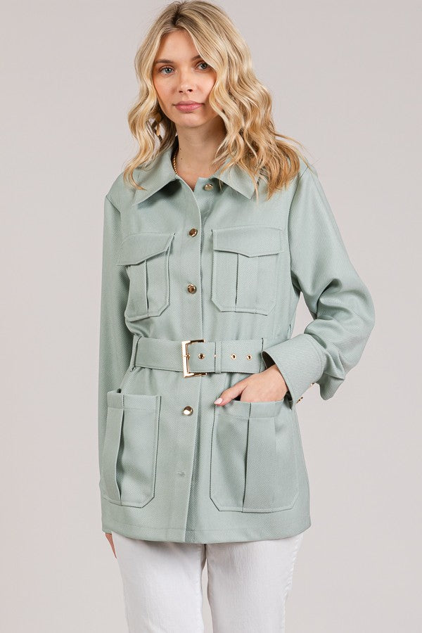 Textured Twill Belted Quad Pocket Shacket