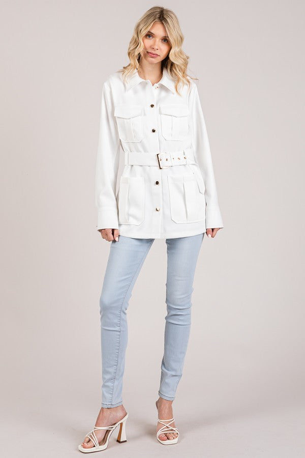 Textured Twill Belted Quad Pocket Shacket
