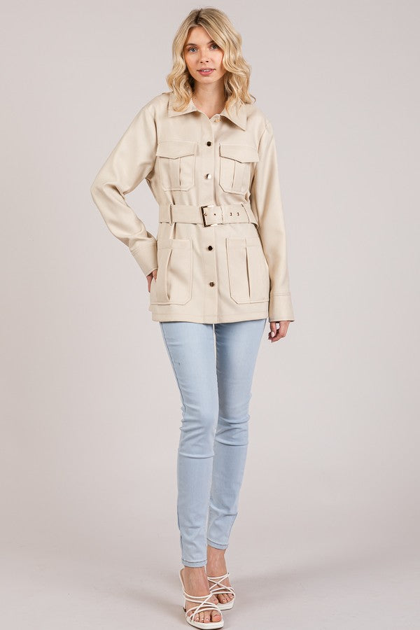 Textured Twill Belted Quad Pocket Shacket