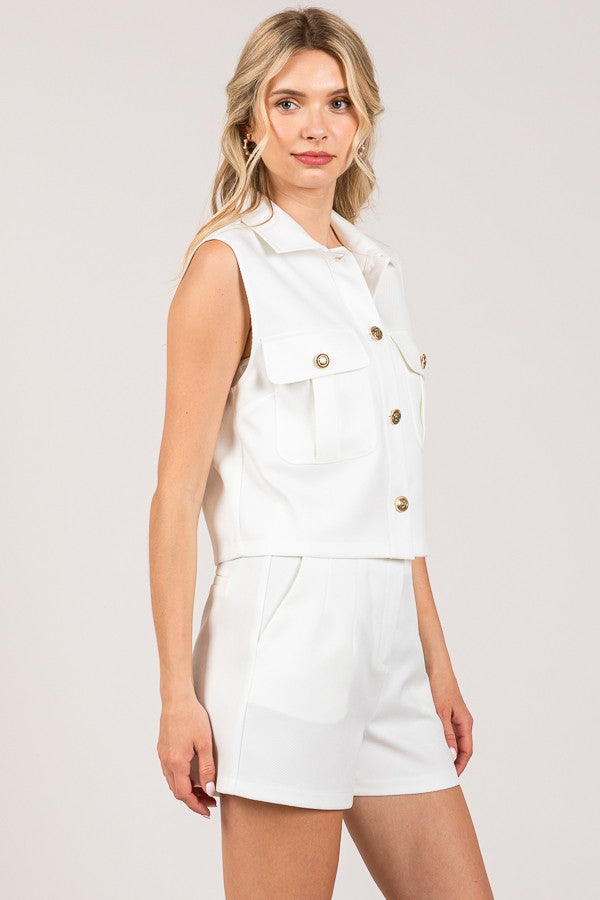 Textured Twill Cropped Shacket Vest