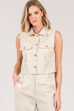 Textured Twill Cropped Shacket Vest