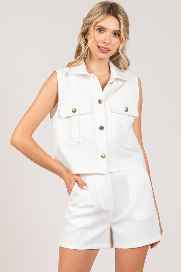 Textured Twill Cropped Shacket Vest