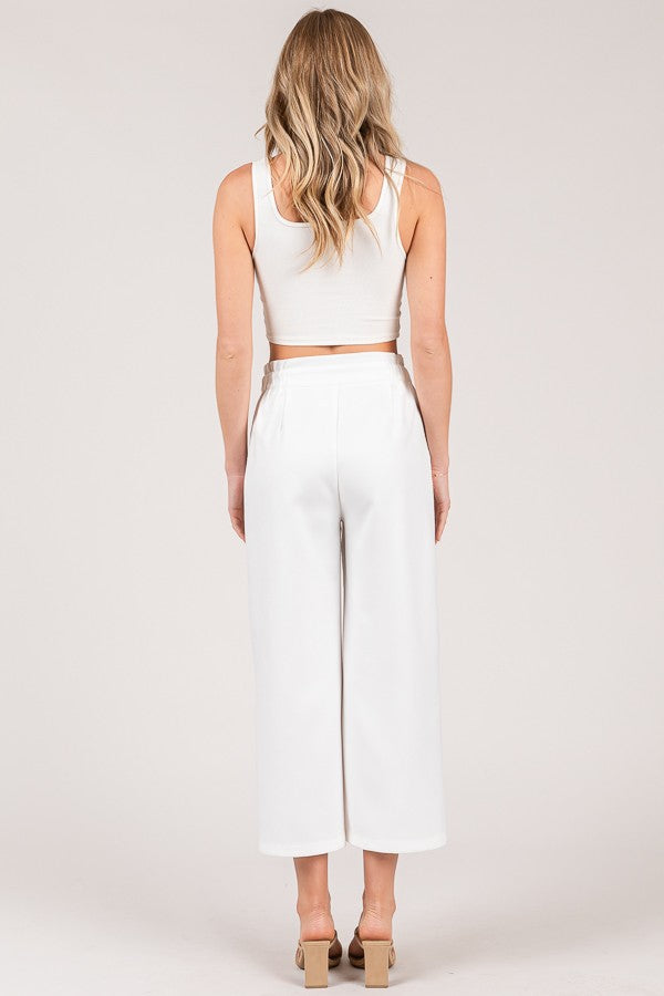 Textured Twill Tiered Waist Wide Leg Cropped Pants