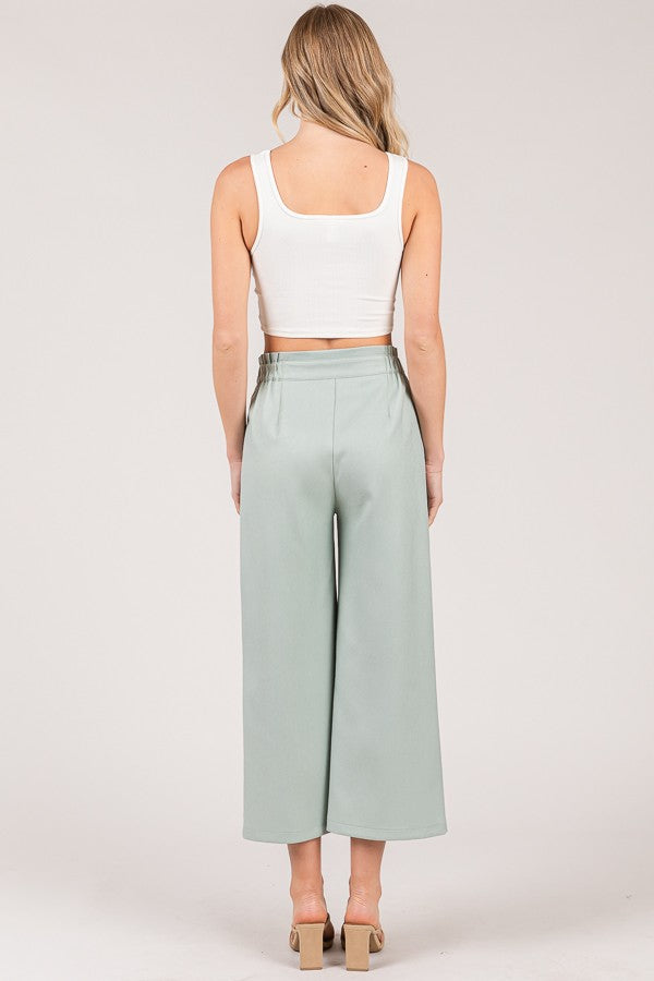 Textured Twill Tiered Waist Wide Leg Cropped Pants