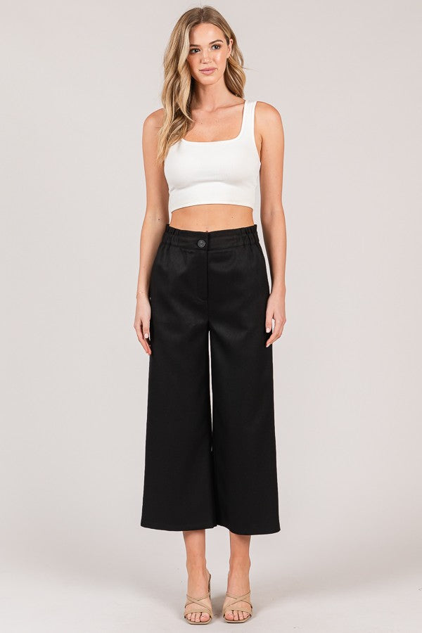 Textured Twill Tiered Waist Wide Leg Cropped Pants