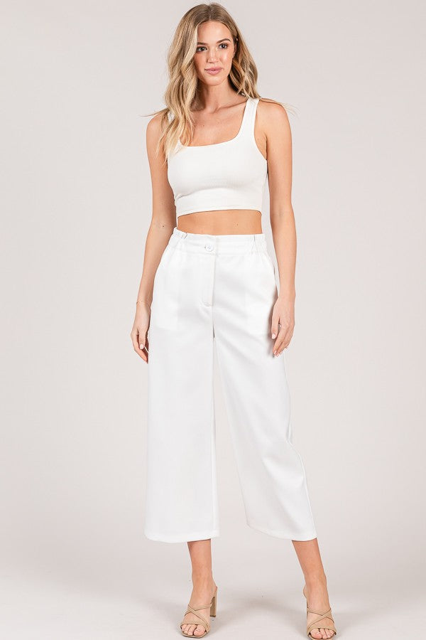 Textured Twill Tiered Waist Wide Leg Cropped Pants