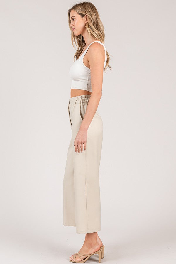 Textured Twill Tiered Waist Wide Leg Cropped Pants
