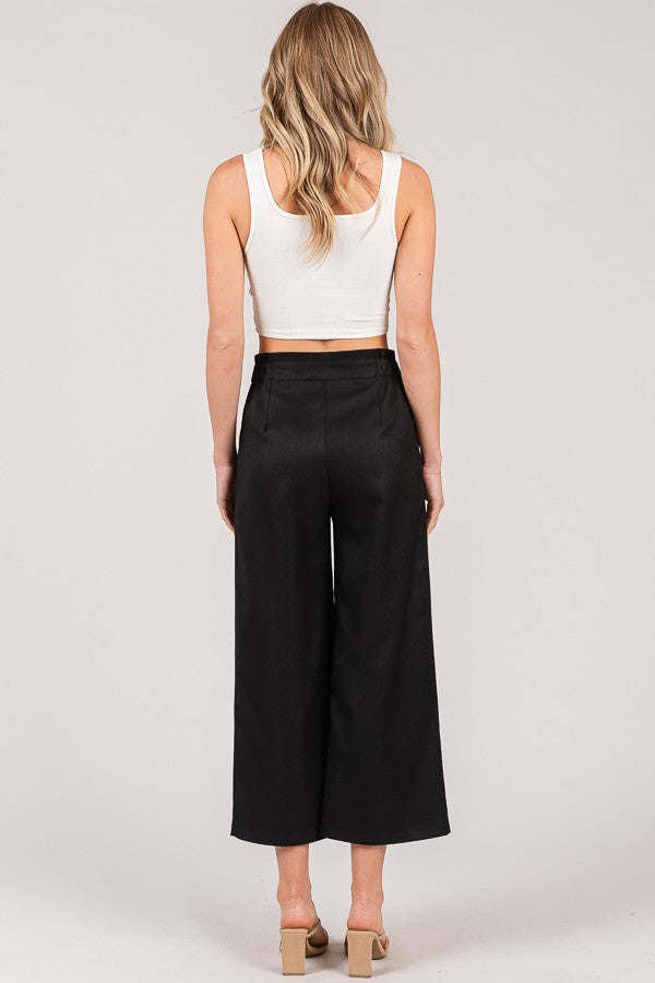 Textured Twill Tiered Waist Wide Leg Cropped Pants