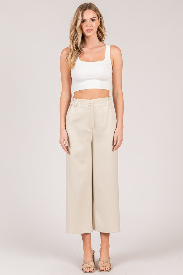 Textured Twill Tiered Waist Wide Leg Cropped Pants