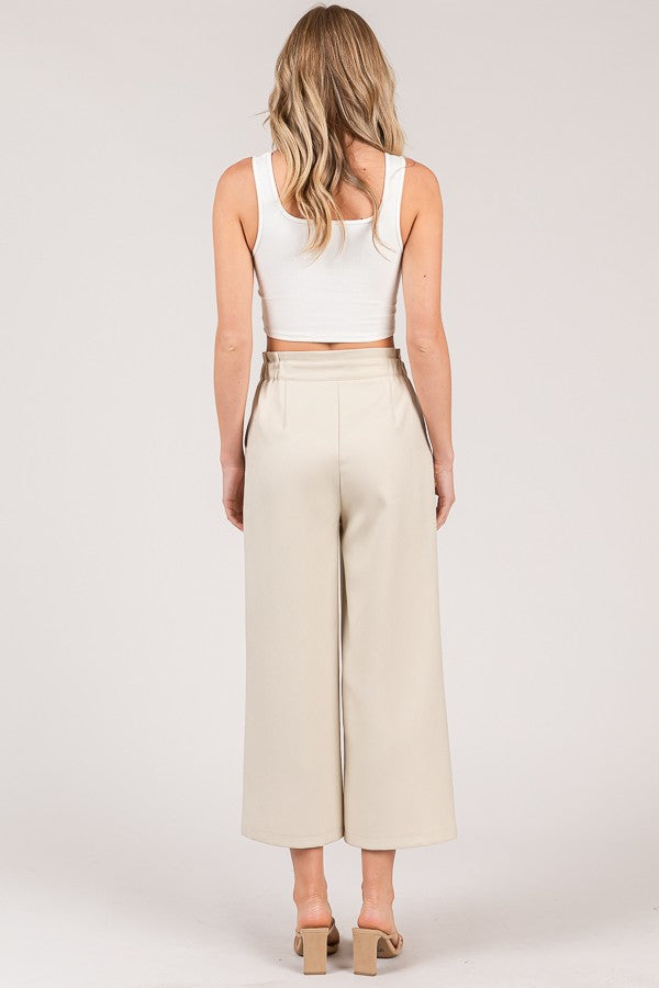 Textured Twill Tiered Waist Wide Leg Cropped Pants