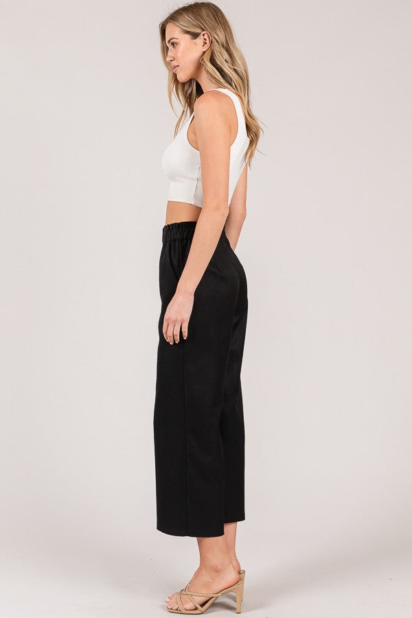 Textured Twill Tiered Waist Wide Leg Cropped Pants