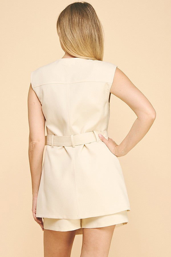 Twill Buckle Belted Pocketed Vest