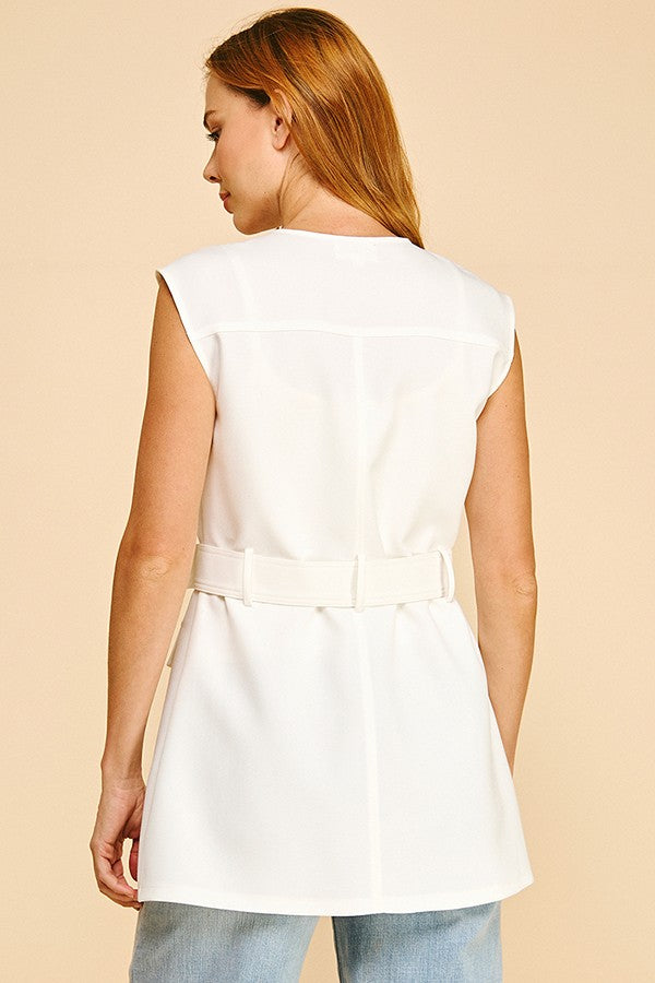 Twill Buckle Belted Pocketed Vest